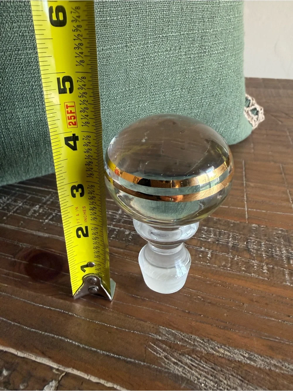 Mid Century Modern Gold Banded Crystal Ball Decanter Stopper Glam Barware